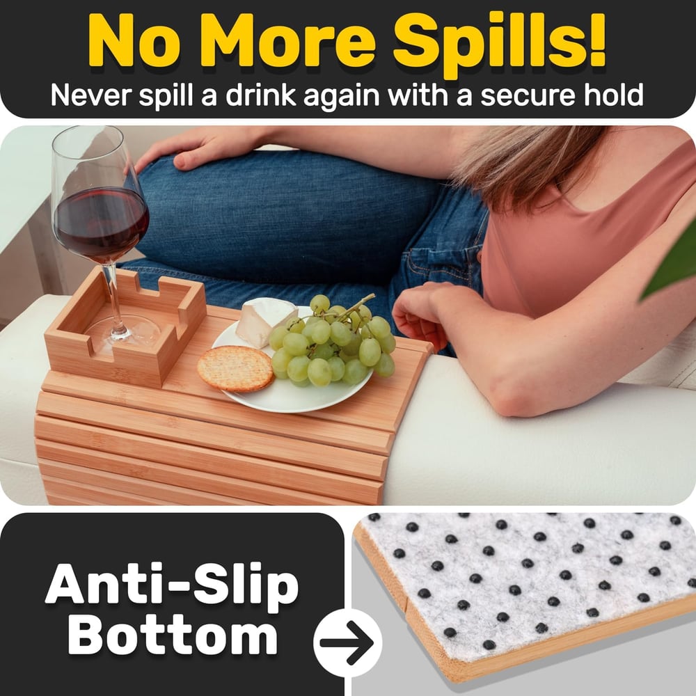 BambooEase™ | Bamboo Armrest Tray — Eco-friendly cup and snack holder for the sofa