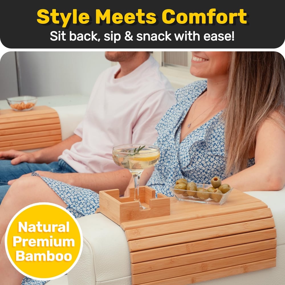 BambooEase™ | Bamboo Armrest Tray — Eco-friendly cup and snack holder for the sofa