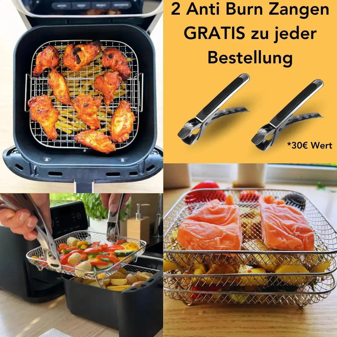 FryLayers | 3 stackable baskets + 2 tongs free of charge – more space for cooking, less waiting time