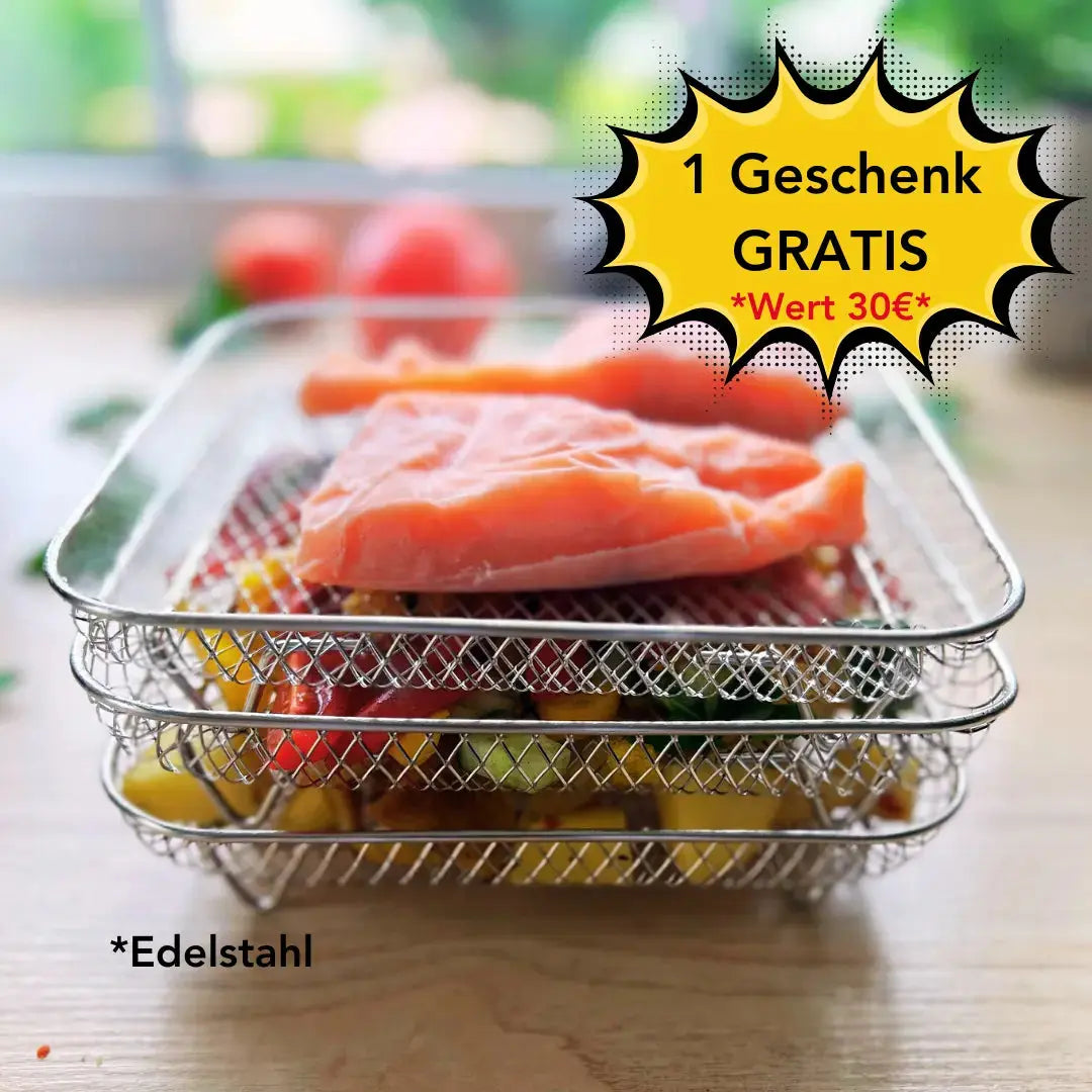 FryLayers | 3 stackable baskets + 2 tongs free of charge – more space for cooking, less waiting time