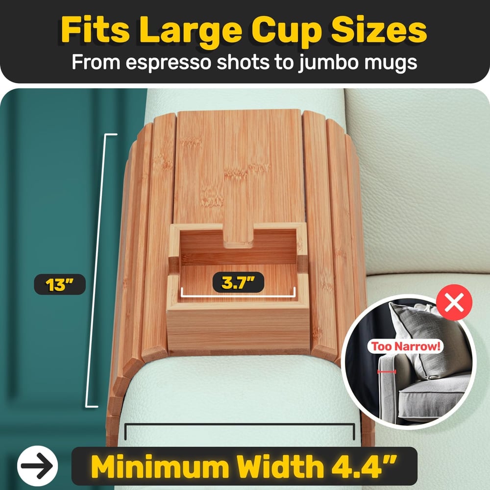 BambooEase™ | Bamboo Armrest Tray — Eco-friendly cup and snack holder for the sofa